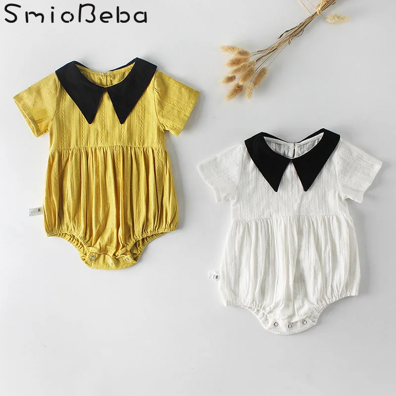 

INS 2019 Summer Baby Girls Rompers Newborn Kids Girl Turn Down Jacquard Jumpsuit Cotton Short Sleeve Yellow Rompers Climbing