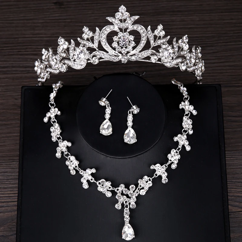 Fashion Silver Rhinestone Crown Necklace Earring Wedding Bridal Jewelry