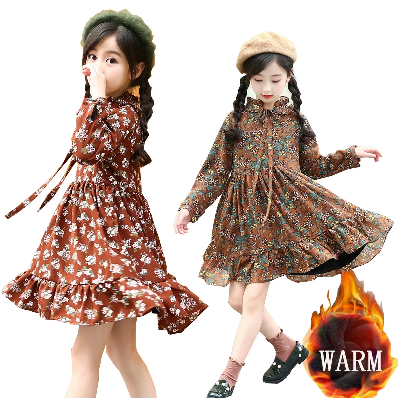 

Teenage Kids Dresses for Girls Winter Dresses Thick Fleece Warm Long Sleeve Kids Floral Dress School Kids Costume 8 10 12 Years