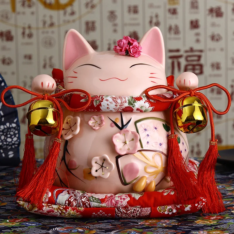 8 дюймов керамика Maneki Neko орнамент розовый белый lute дизайн Lucky Cat Копилка фигурка домашний декор Фортуна кошка с колокольчиком