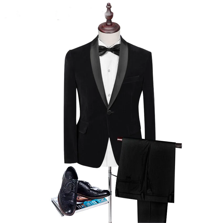 Классические черные шали с отворотом, черные вельветовые английские костюмы жениха, мужские костюмы, Свадебные/Выпускные/вечерние смокинги для жениха(куртка+ штаны+ галстук-бабочка
