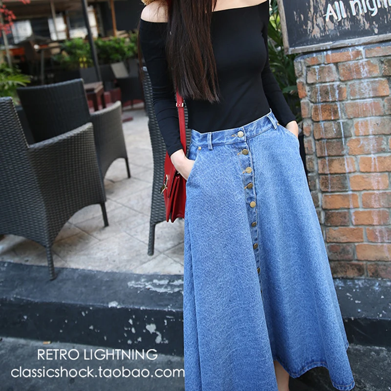 long denim skirt button front