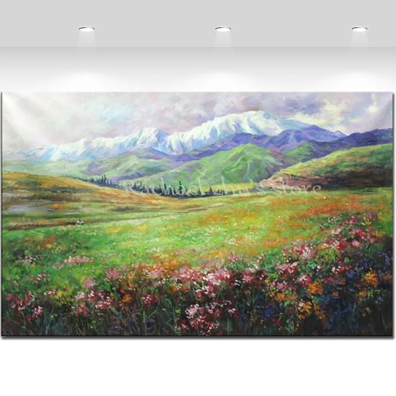 

Hand Painted Abstract Moutain Flower Field Landscape Oil Paintings On Canvas Scenery Wall Art Picture For Living Room Home Decor