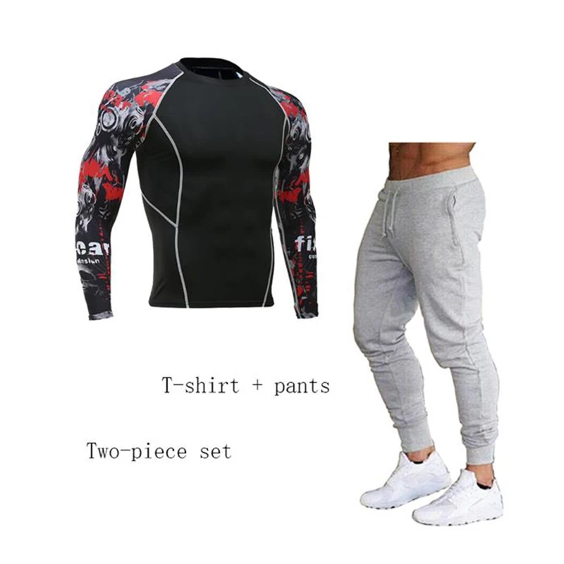 

Mens sets t-shirt+pants two-piece suit men sportswear men's Jogger sports suit fitness clothes tight T-shirt+jogging trousers