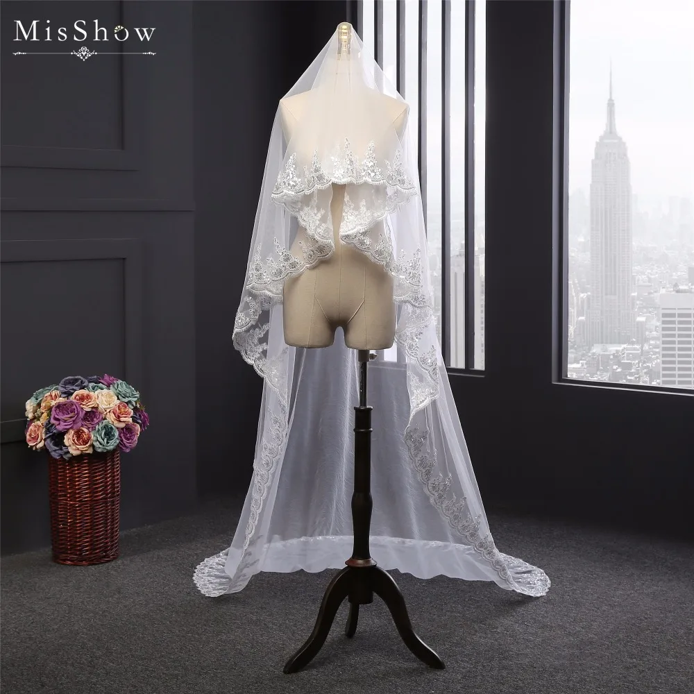 

MisShow Popular Cheap White Ivory 3 Meters Single Layer Long Wedding Veil Lace Sequined Edge Bridal Veil Wedding Accessories