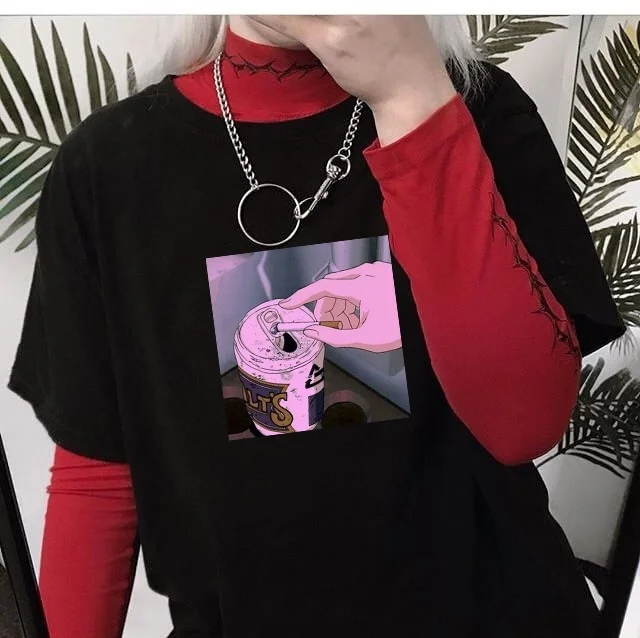 

kuakuayu HJN Unisex Beer Can Ashtray Retro Anime T-Shirt Harajuku Style Vaporwave Aesthetic Graphic Tee 90s Manga Shirt