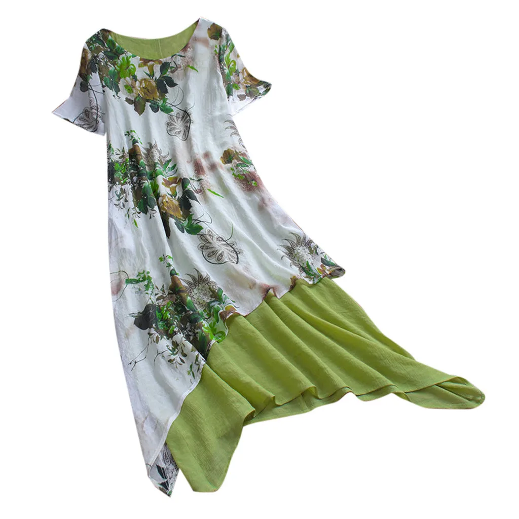 

Women's Casual Vintage Floral Printing O-Neck Short Sleeve Patchwork Asymmetrical Linen Dress Robe Femme #7