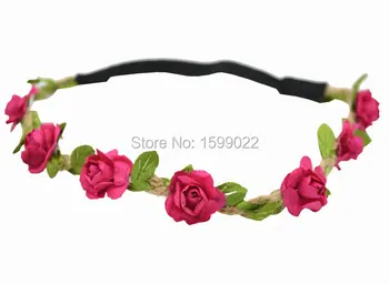 

6pcs/lots Gypsy Floral Halo Headband Hot Pink Wedding Bride Forehead Accessories Diy Bohemian Bridesmaid Flower Girl Hair Wreath