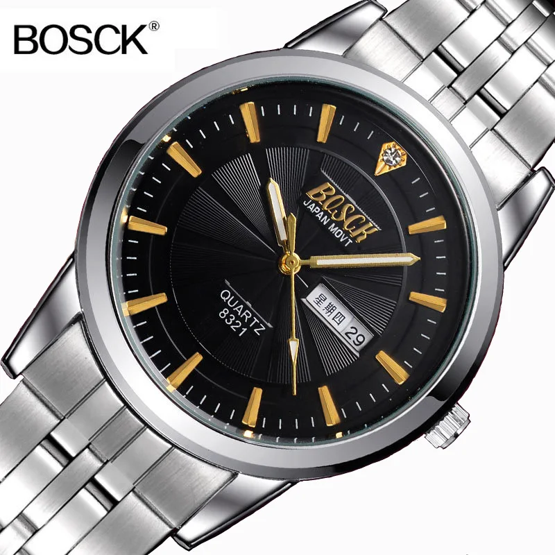

Men's Wrist Watches BOSCK Top Brand Week Calendar Luxury Business Watch Men Stainless Steel Waterproof Man Quartz Watch Clock
