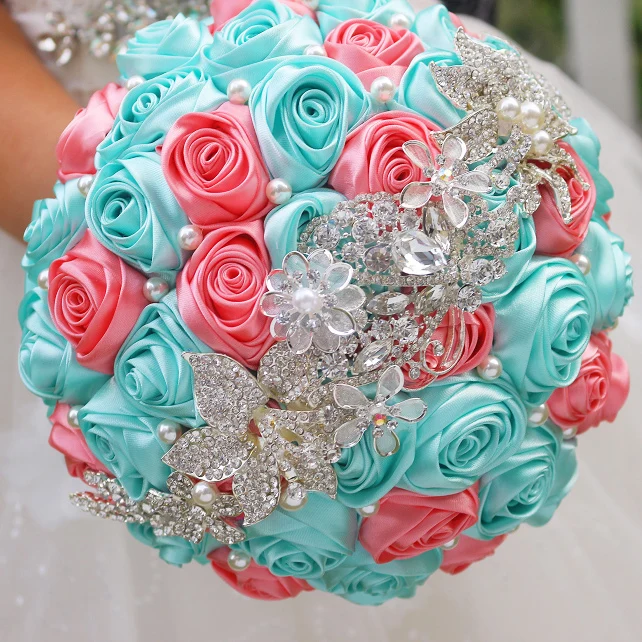 

DIY brooch bouquet Silk Bride Bridal Wedding Bouquet Bridesmaid cyan-blue & coral Cloth roses Customizable diamond bouquets