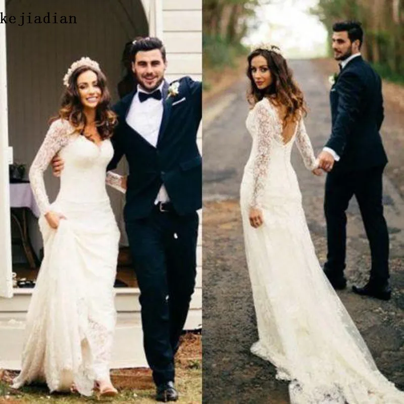 

Romantic Boho Mermaid Wedding Dresses beach 2017 Long Sleeves V Neck Backless Appliques Lace Tulle Vestido De Novia Bridal Gowns