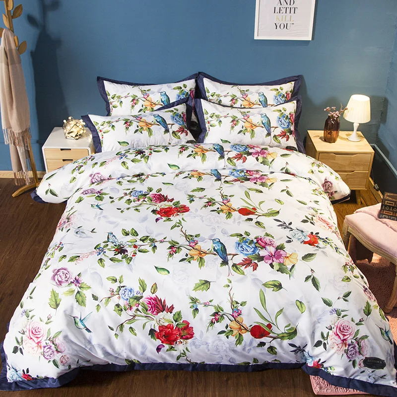 Country Style Bright Color Floral Leaf Bird Print Bedding Set Twin