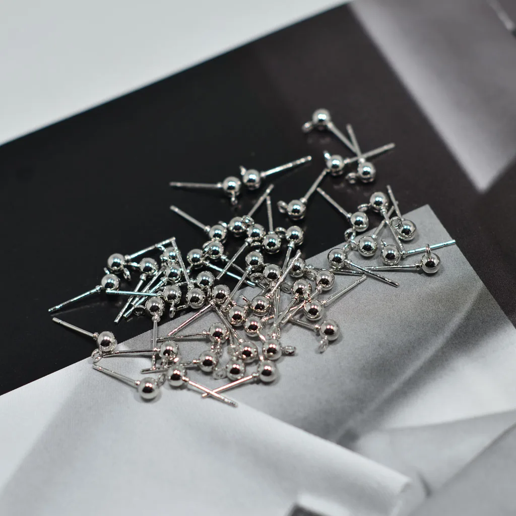 50pcs Ball Ear Pin Studs Earring Posts with Loop Jewelry Making Supplies 15x6mm
