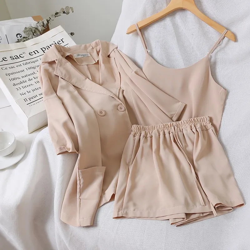

Chic Vest Jacket Simple Pure Color Elastic Waist Shorts Three-Piece Suit Three Quarter Women Summer Clothes 3 Piece Outfits