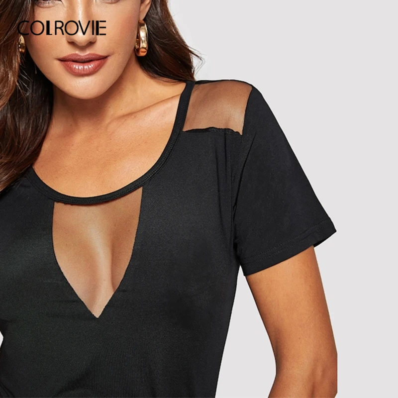 COLROVIE Black Solid Mesh Insert Form Fitted Sexy T-Shirt Women 2019 Spring Fashion Short Sleeve Tee Ladies Club Tops And Tees COLROVIE Black Solid Mesh Insert Form Fitted Sexy T-Shirt Women 2019 Spring Fashion Short Sleeve Tee Ladies Club Tops And Tees