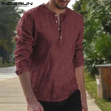 Camiseta informal para hombre de talla grande de INCERUN, camisetas de manga larga transpirables, moda de ocio, camisas Vintage de otoño para hombre, Camisa Masculina 2020