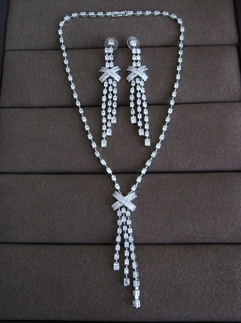  Luxury AAA cubic zirconia cross  clear stones  necklace and tassel  earrings set,S7148