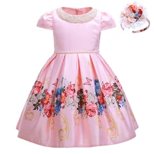 Pettigirl/Новинка г.; платье с цветочным узором для девочек с воротником из бисера; розовые нарядные платья для девочек; Изысканная Свадебная детская одежда с головным убором