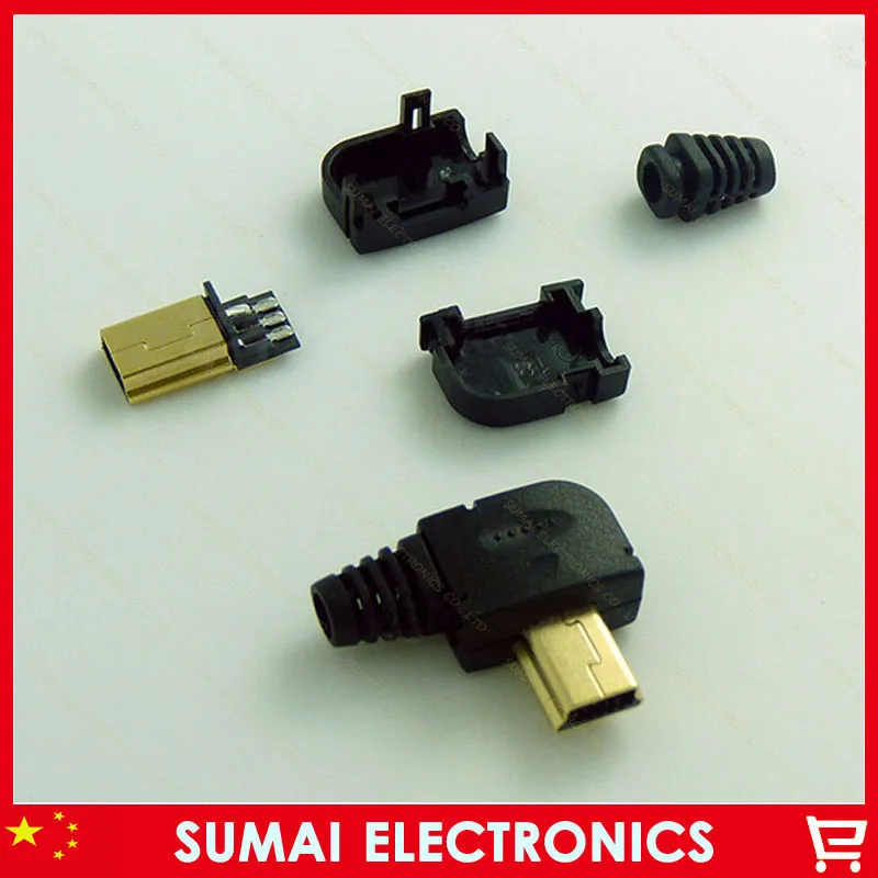 

Free shipping 20set/lot 4 in 1 gold plating Mini USB 5P Male Plug T port left elbow 90 degrees DIY wire-type