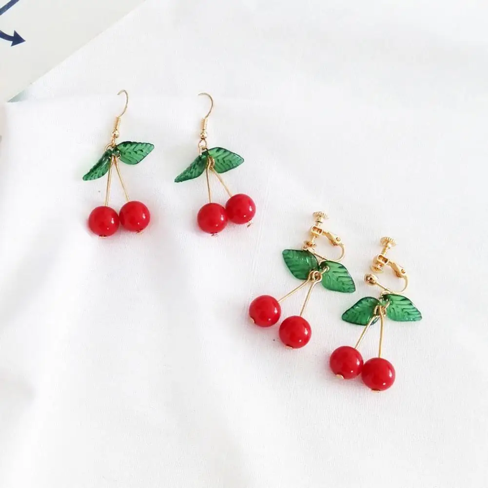 

One Pair Japanese & Korean Style Sweet Fashionable Red Cherry Ear-drop Earrings Non-Piecing Ear Clips For Student Girls Jewelry
