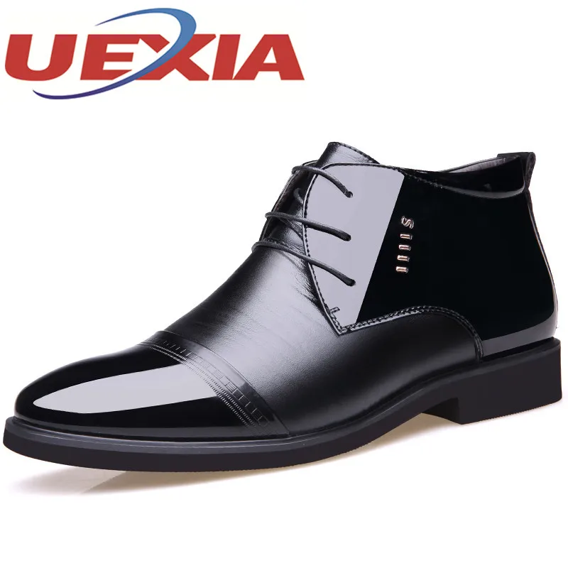 

Winter Plush Warm Shoes For Men Fashion Patent Leather Ankle Boots High Top Boots Business Shoes Dress Pointed Botas Office Shoe