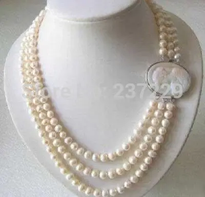 

Wholesale price FREE SHIPPING ^^^Genuine 3 Rows 7-8MM Freshwater pearl Necklace Cameo Clasp