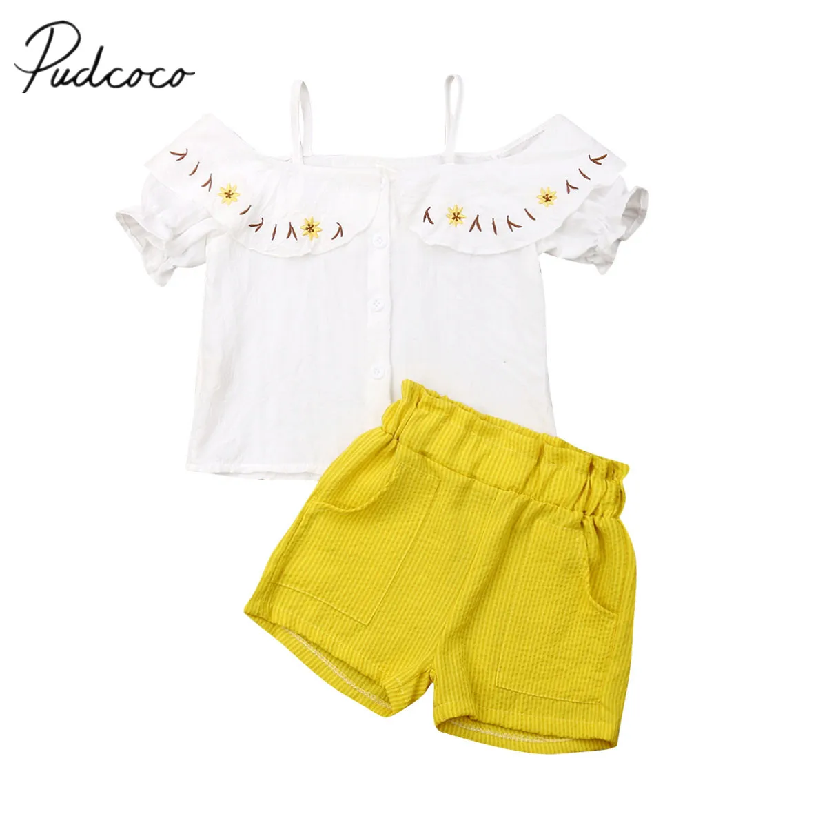 

2019 Children Summer Clothing 3-8T Toddler Kid Baby Girl Clothes Off Shoulder Short Sleeve Tops Pants Shorts 2Pcs Set Clothes