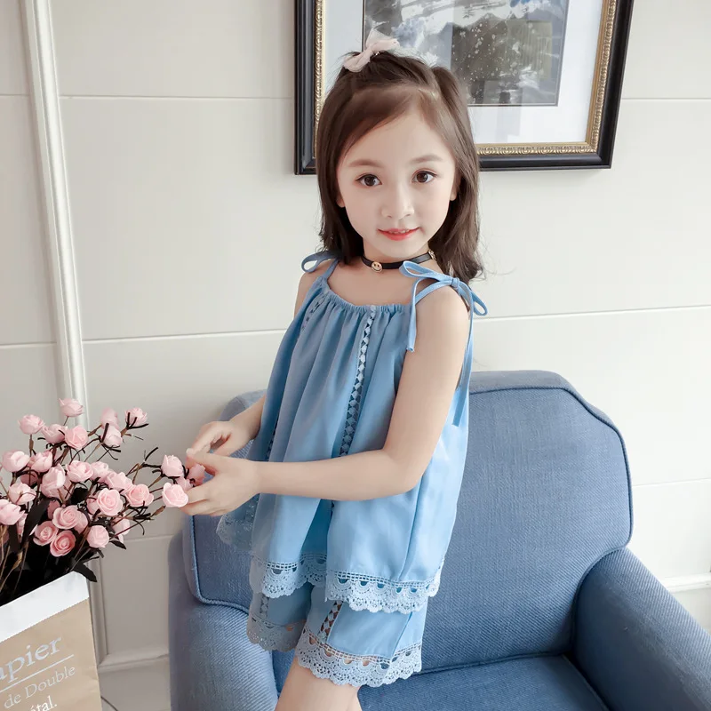 Синий Детская одежда коллекция года, летняя одежда для девочек детский хлопковый топ без рукавов+ шорты, модный детский комплект из двух предметов - Цвет: Синий