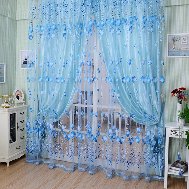

1Pcs/Set Charm Tulip Flower Yarn Sheer Window Curtain Beads Tassel Door Scarf Drapes For Bedroom Decor 3 Colors AB
