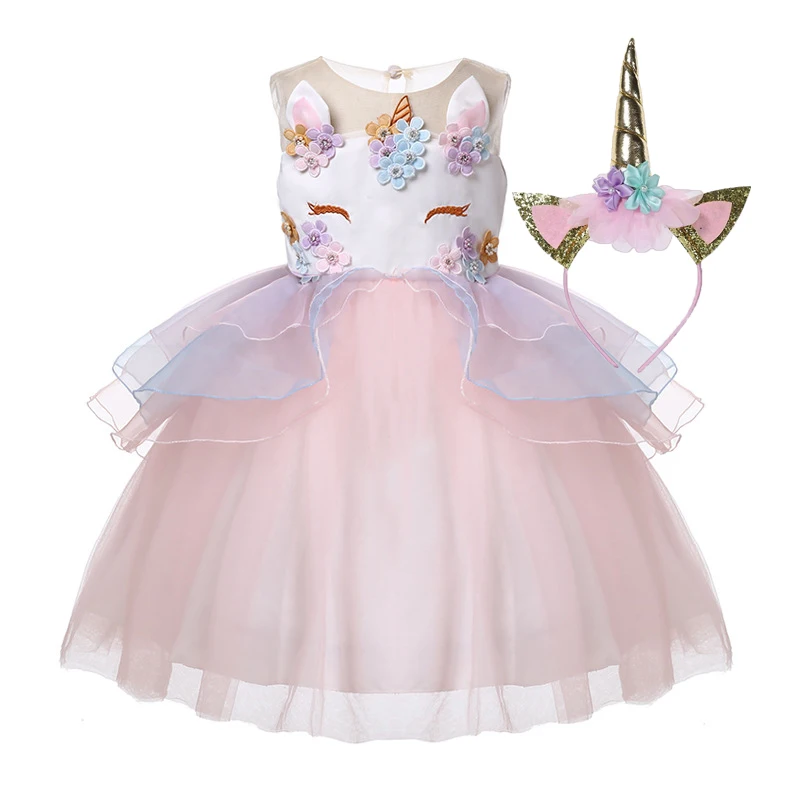

2019 Flower Girls Dress Unicorn+ Headband 2Pcs Kids Clothes Baby Princess Dress For Girls Lace Ball Gown Wedding Party Dresses
