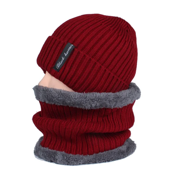 YOUBOME модные зимние Skullies Beanies, вязаная шапка, шарф, женские зимние шапки для мужчин и женщин, мешковатые теплые утолщенные шапки для девочек, шапки - Цвет: wine red set