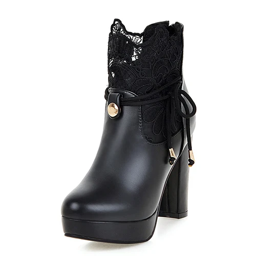 black shoes Gdgydh/; ботильоны на шнуровке; женские полусапожки на Высоком толстом каблуке; женская обувь на платформе с круглым носком; белые свадебные туфли размера плюс - Цвет: black shoes