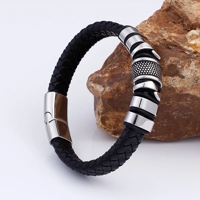Модный кожаный браслет BoBo с черной оплеткой, браслет из нержавеющей стали с магнитной застежкой, мужской браслет с шармом, мужские ювелирные изделия в стиле панк