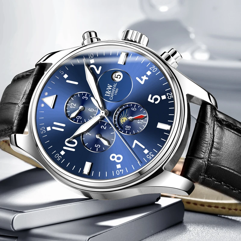 

Carnival Mechanical Watch Men Phase Moon Leather Strap Silver Stainless Steel Multi-Function Clock Relogio Masculino