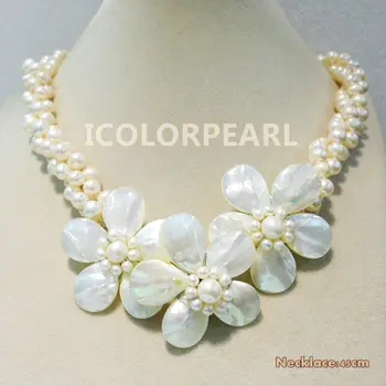 

WEICOLOR Beautiful White 6-7mm Nearround Real Freshwater Pearl And Shell Flower Choker/Necklace .