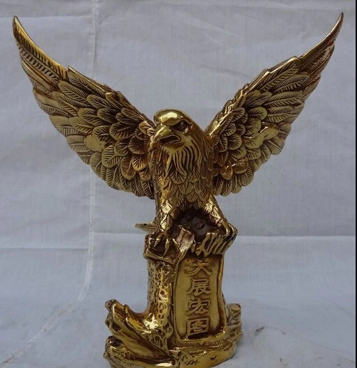 

009085 9" Chinese Brass Folk d Open Wings Fly Hawk Eagle Lanneret On Tree Statue