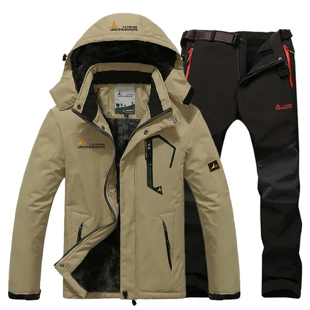 Зимняя Лыжная куртка, костюмы для мужчин, водонепроницаемая флисовая зимняя куртка, термопальто, уличная куртка для катания на горном лыжах, сноуборде, брючные костюмы, L-5XL - Цвет: khaki black pant