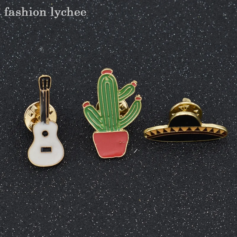 fashion lychee 3pcs New Design Tropical Plants Cactus Western Cowboy Country Music Guitar Hat Brooch Pin For Women fashion lychee 3pcs New Design Tropical Plants Cactus Western Cowboy Country Music Guitar Hat Brooch Pin For Women