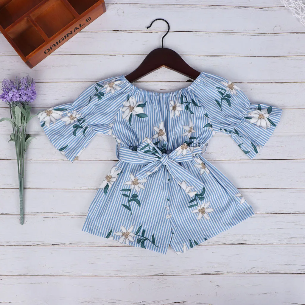 

Summer Baby Girl Romper Striped Floral Printed Kids Off Shoulder Flare Sleeve Loose Bow Jumpsuit Sunsuit Fashion Clothes