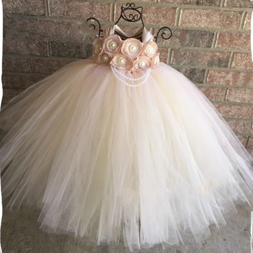 Handmade Blush Flower Girl Wedding Tutu Dress Baby Girls Satin Ribbon Flowers pearl Party Tutu