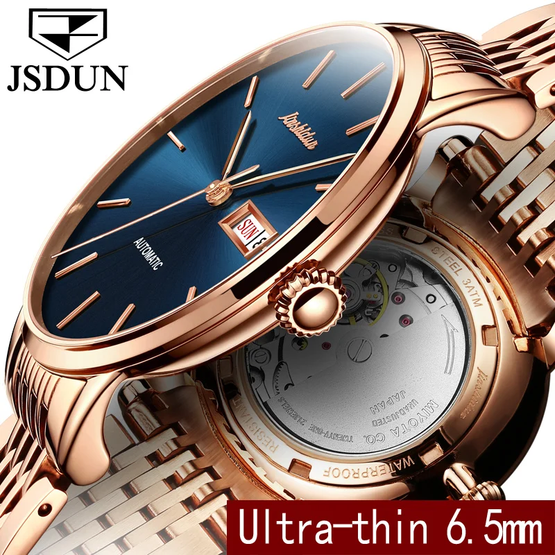 

JSDUN Luxury Gold Waterproof Men Automatic Watches Stainless Steel Strap Date and Day Business Mans Mechanical Watch Male Clock