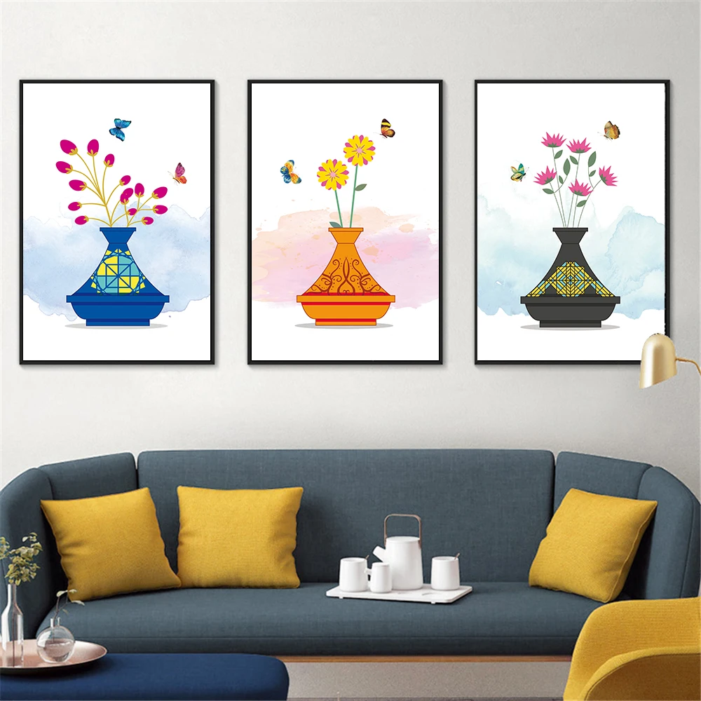 Flowers Canvas Artistic Wall Painting Vase Flower Arrangement Colorful Animal Butterfly Home Decoration Painting Poster