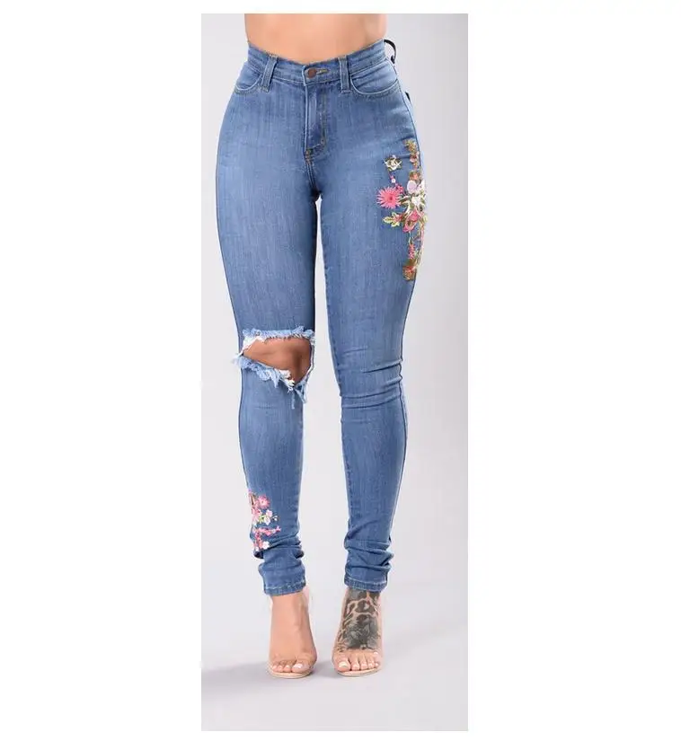 CHAMSGEND Women Floral Embroidered Denim Ripped Pants