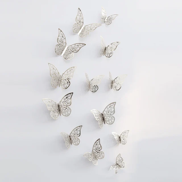12Pcs 3D Hollow Butterfly Wall Sticker For Home Decoration DIY Wall Stickers For Kids Rooms Party Wedding Decor Butterfly Fridge silver3