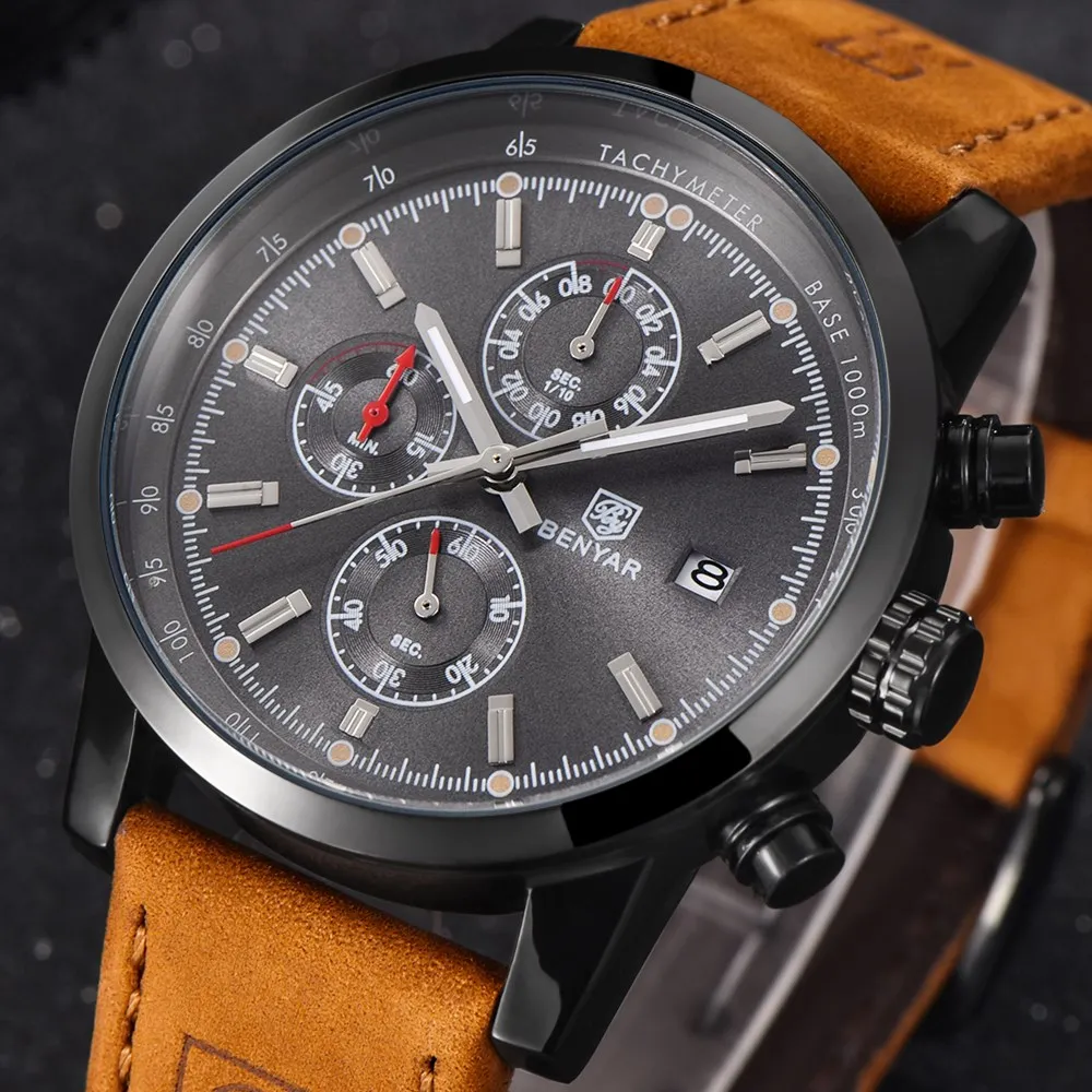 Men s Watch BENYAR 2017 top Brand Luxury Fashion Chronograph Sport Men Watches waterproof leather Quartz