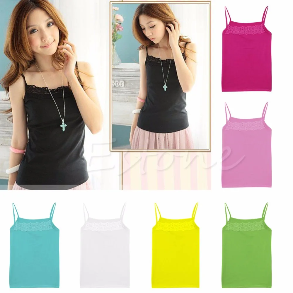 New Sleeveless Camisole Basic Stretch Spaghetti Cotton Lace Tank Tops Cami-448E