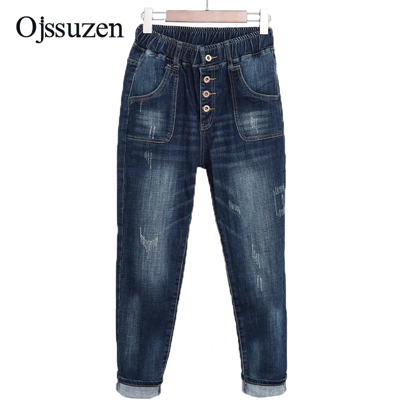 5XL Plus Size Women Elastic Waist Pant Jeans Bleached