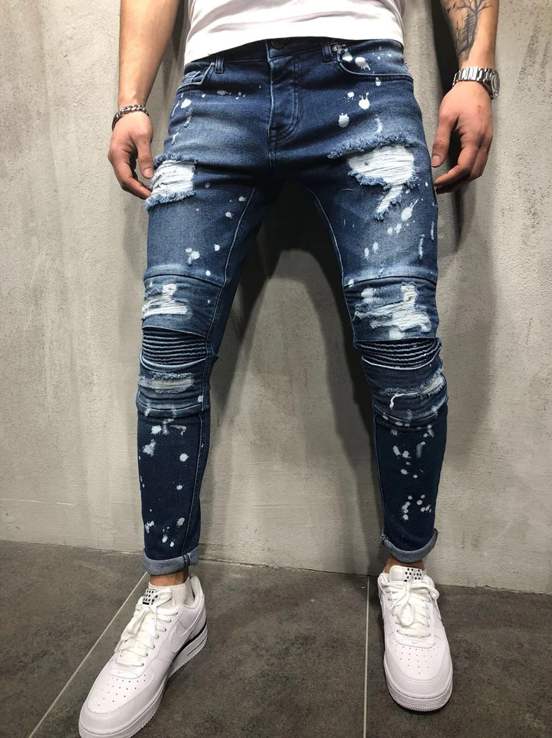 Новый мужской модный дизайн точечный краситель Джинсы скинни Slim Fit Эластичные рваные усы эффект джинсы джинсовые брюки стиль Streewear