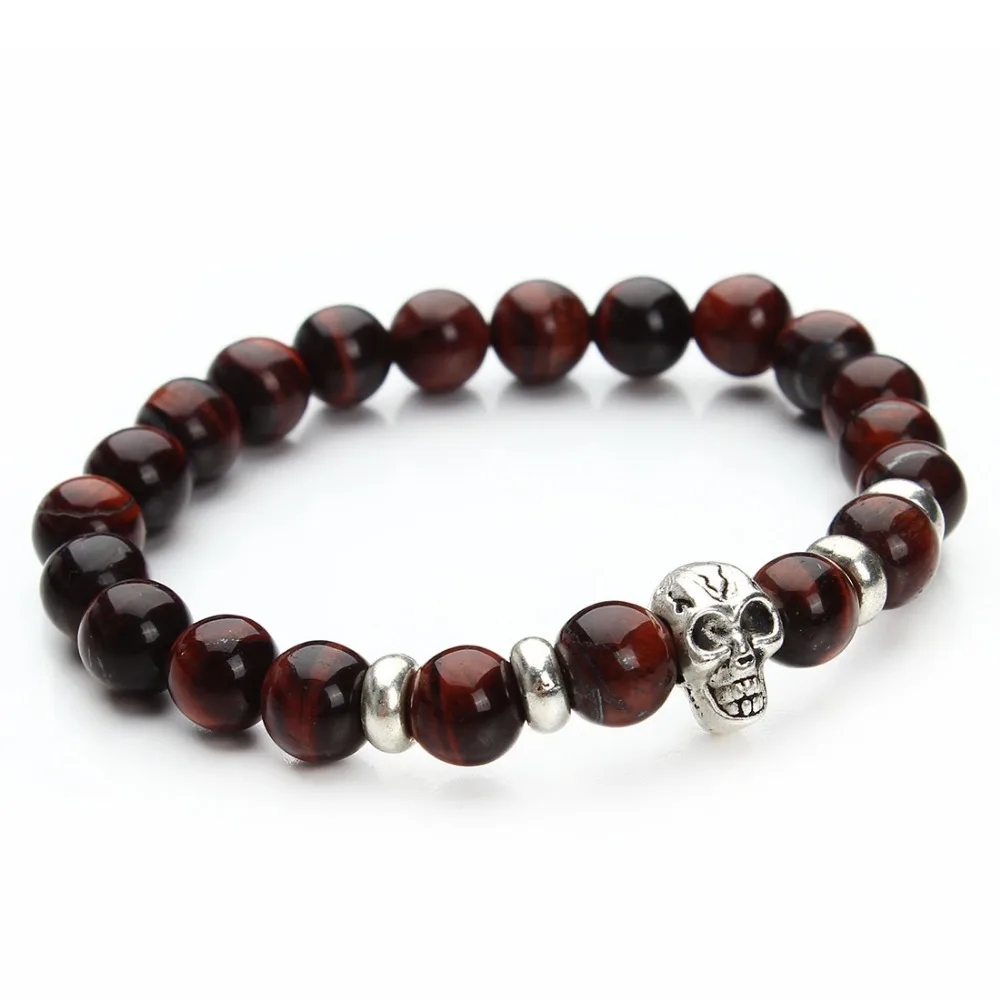 2016 New fashion natural stones skull bracelet Lava stone beads and tiger eye stone beads men bracelet F2919