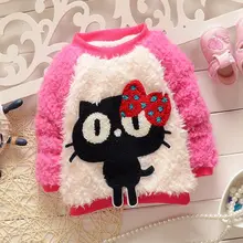 Осенне-зимний теплый флисовый бархатный трикотаж с длинными рукавами и милым рисунком кота для маленьких девочек, утепленный свитер S2125